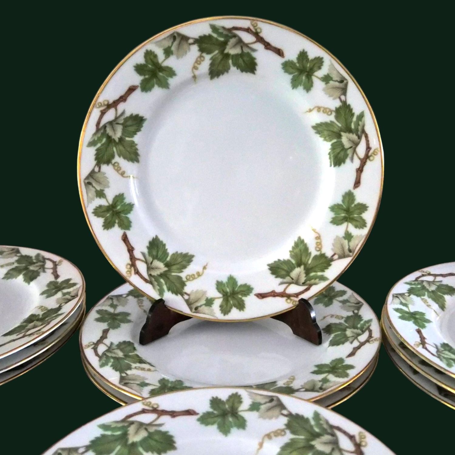 Tirschenreuth German Set of 10 Porcelain Cake Plates, Grapevine &amp; Gold Rim