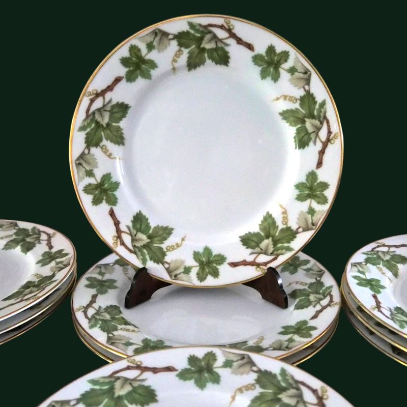 Tirschenreuth German Set of 10 Porcelain Cake Plates, Grapevine &amp; Gold Rim