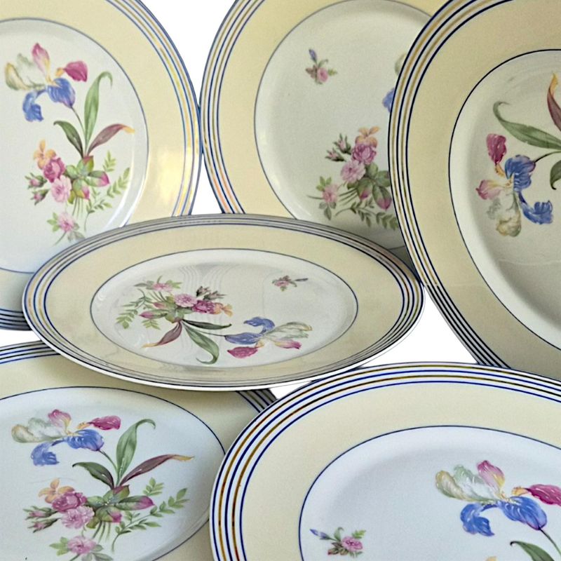 Limoges French Hand-Painted Floral Dinner Plates, Gold Trim, Set of 8