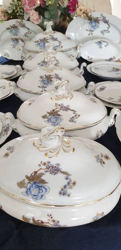 Antique KPM Silesia Porcelain Dinner Set c.1922, Blue Floral &amp; Gold Trim
