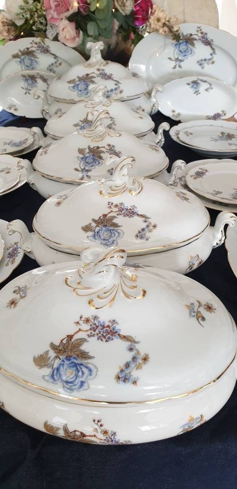 Antique KPM Silesia Porcelain Dinner Set c.1922, Blue Floral & Gold Trim Antique KPM Silesia Porcelain Dinner Set c.1922, Blue Floral & Gold Trim