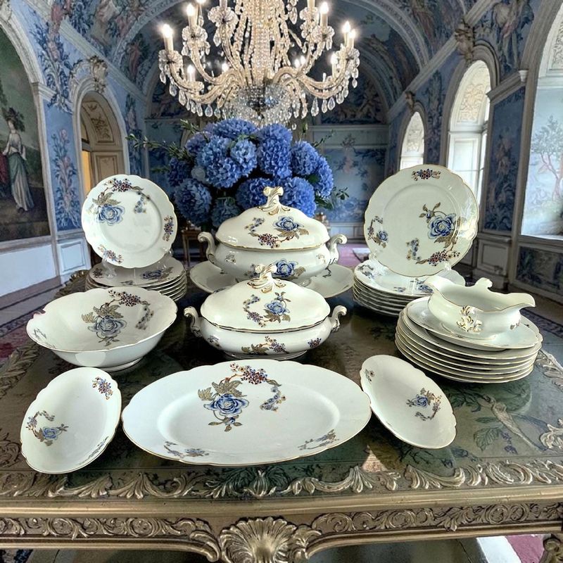 Antique KPM Silesia Porcelain Dinner Set c.1922, Blue Floral &amp; Gold Trim
