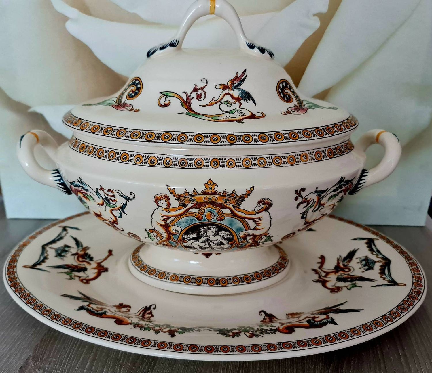 Gien Musee French Hand-Painted Tureen with Under Plate