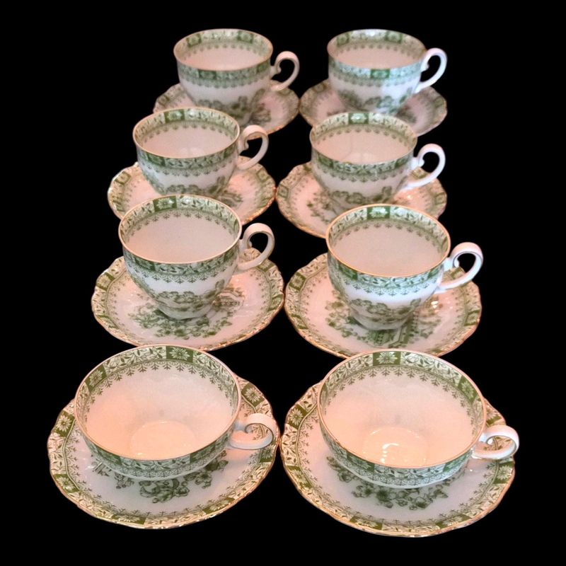German Green Chinoiserie Tea and Cake Set for 8, Gold Trim Porcelain