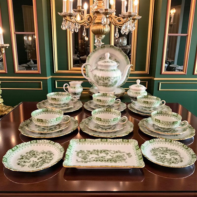 German Green Chinoiserie Tea and Cake Set for 8, Gold Trim Porcelain