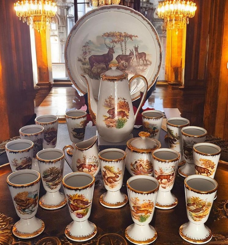 French Limoges Hunting Tea &amp; Coffee Set, Game Animal Motifs, Gold Trim, Mazagran Cups