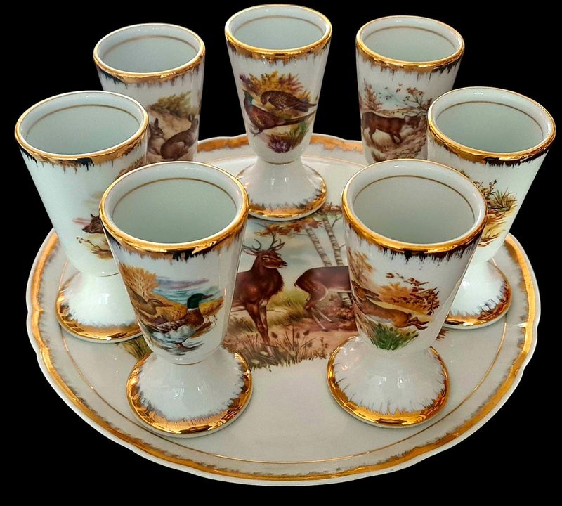 French Limoges Hunting Tea &amp; Coffee Set, Game Animal Motifs, Gold Trim, Mazagran Cups