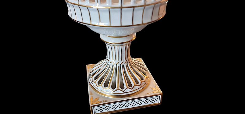 Antique Dresden Porcelain Footed Woven Chestnut Baskets, Pair, c.1902