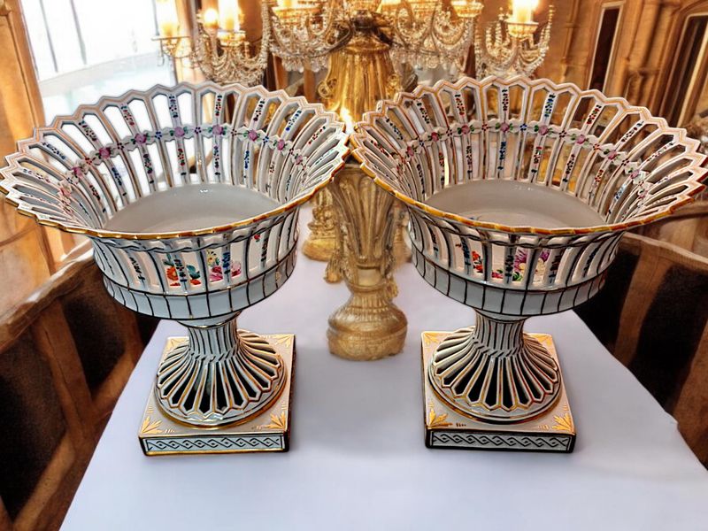 Antique Dresden Porcelain Footed Woven Chestnut Baskets, Pair, c.1902