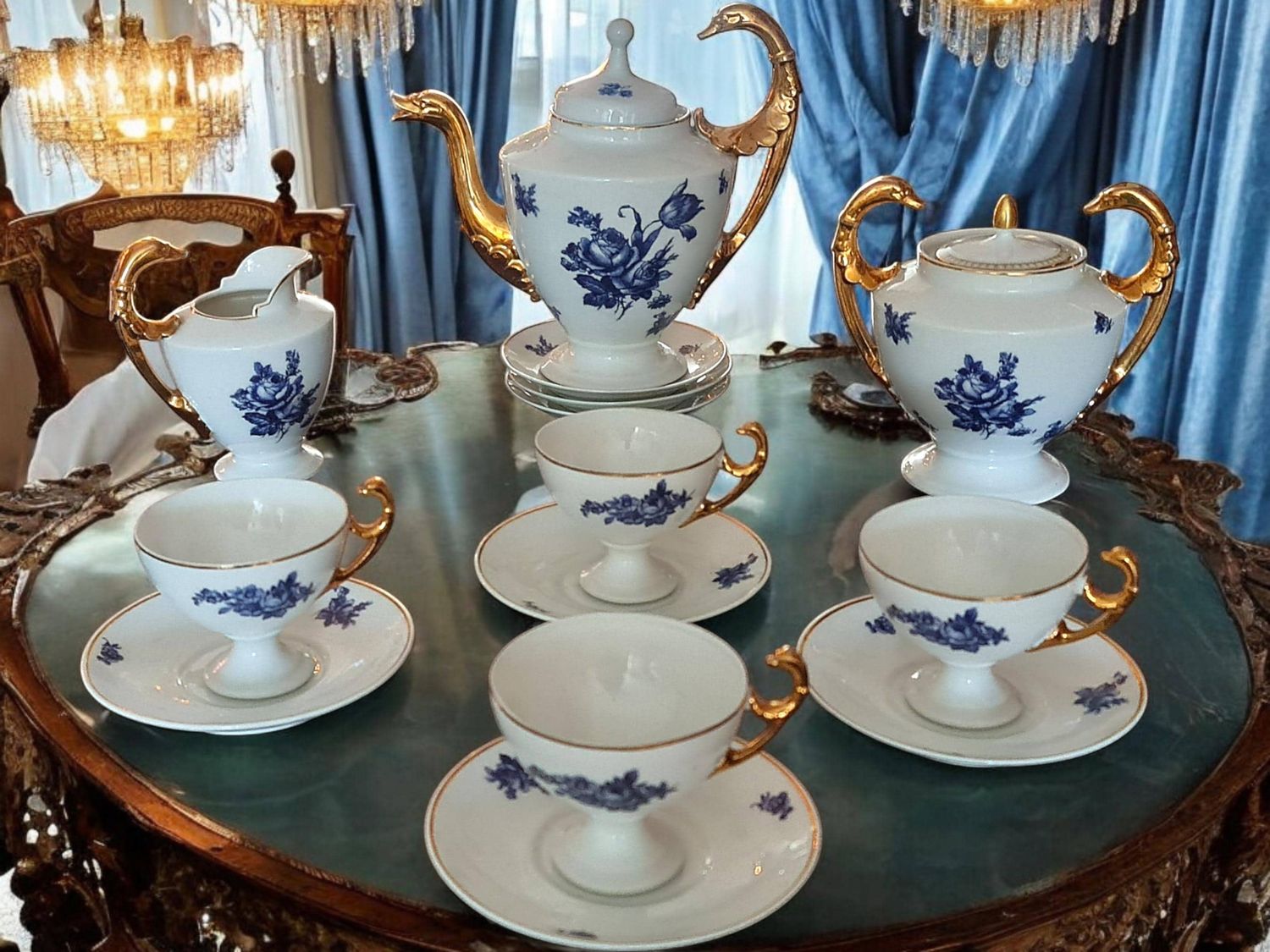 Rare Limoges Tea Set, Swan Spout, Gold Empire Handles, Blue Floral