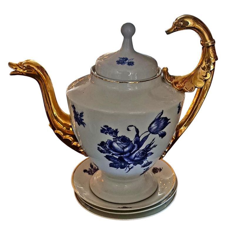 Rare Limoges Tea Set, Swan Spout, Gold Empire Handles, Blue Floral