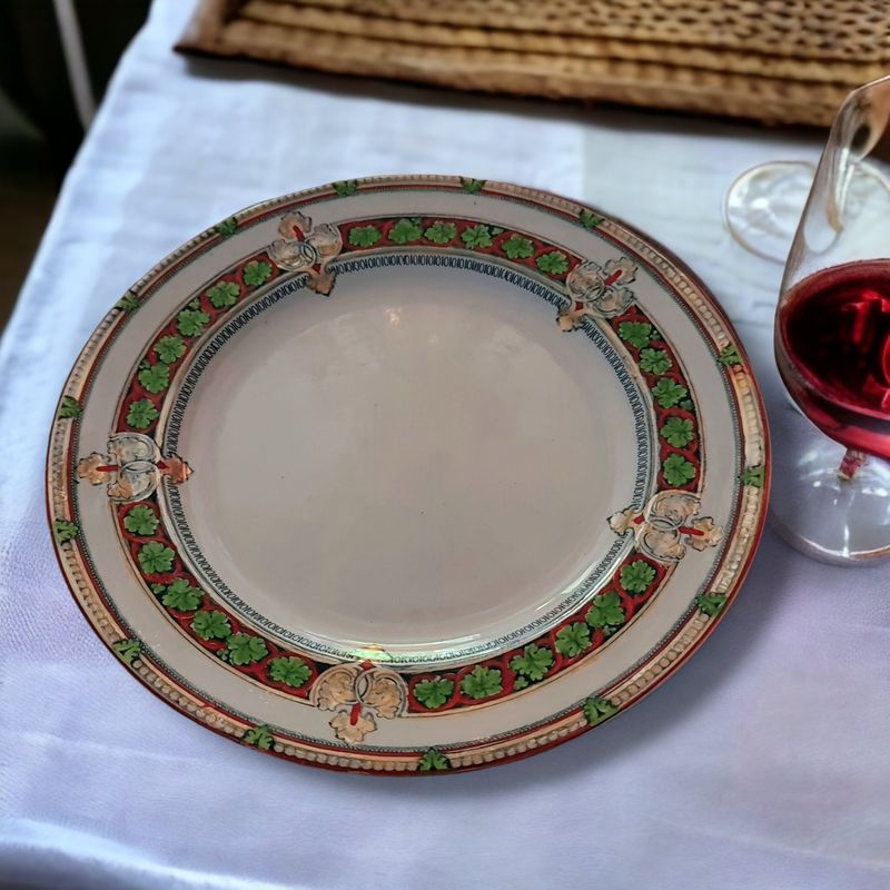 Antique Davenport &amp; Co. English Set, Green Leaf Rim &amp; Lusterware