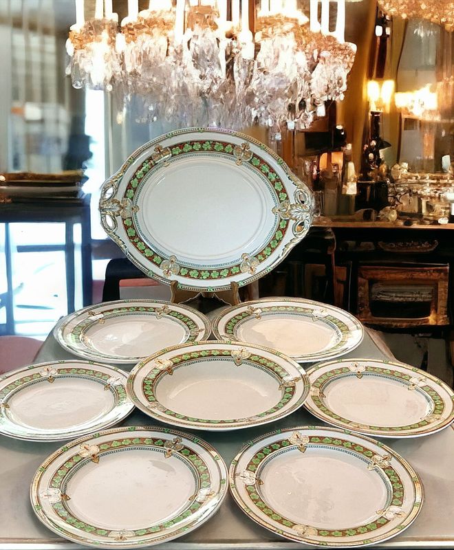Antique Davenport &amp; Co. English Set, Green Leaf Rim &amp; Lusterware