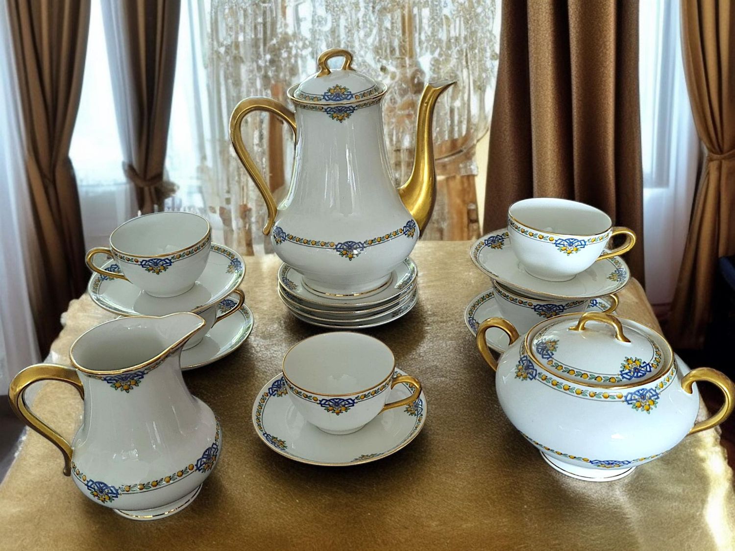 Bernardaud Limoges Tea Set, Gold Trim &amp; Apricot Motif