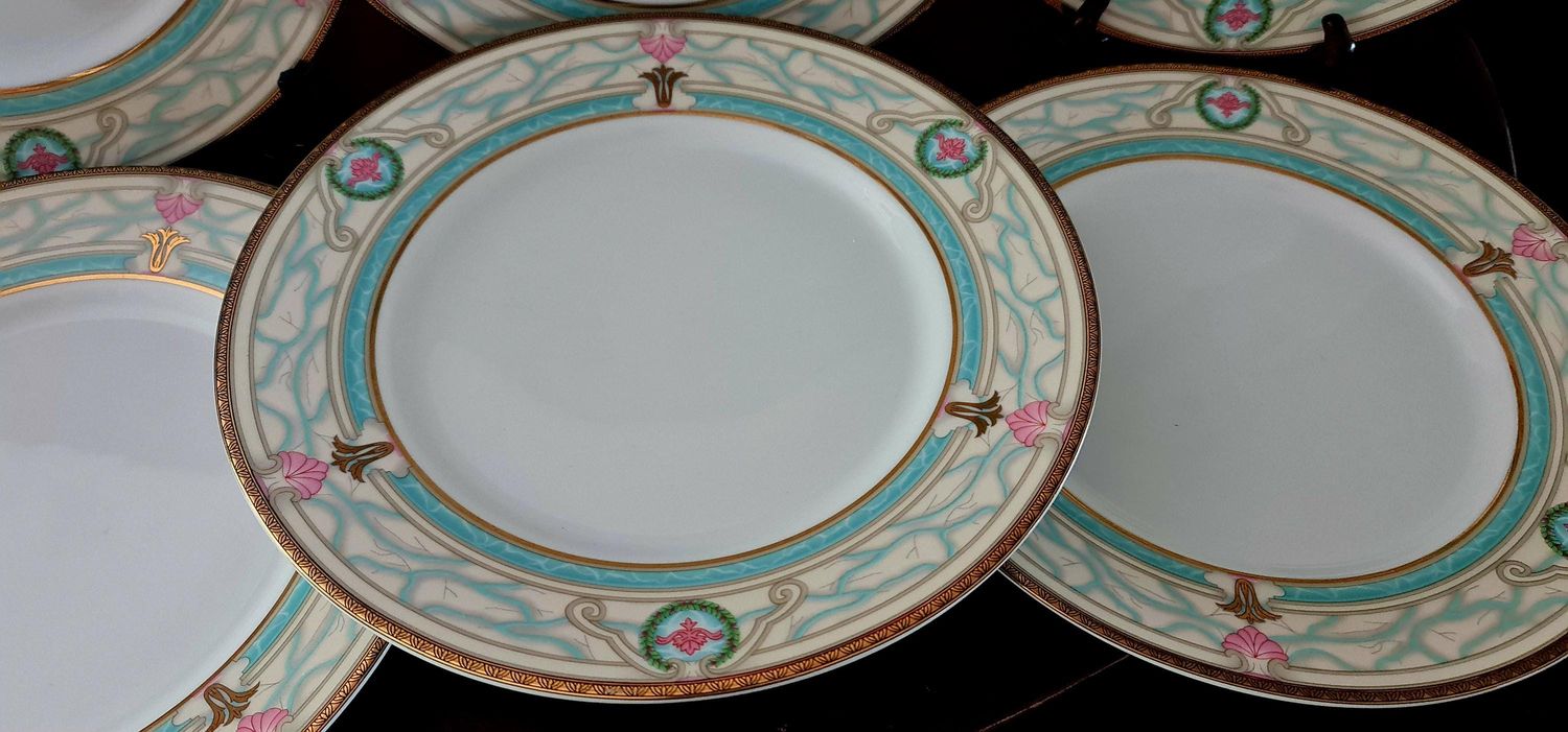 Limoges French Dinner Plates, Set of 6, Gold Rim, Pink &amp; Blue Floral
