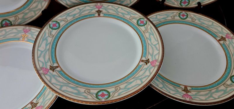 Limoges French Dinner Plates, Set of 6, Gold Rim, Pink &amp; Blue Floral