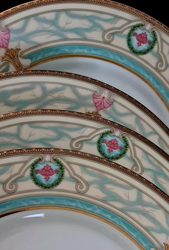 Limoges French Dinner Plates, Set of 6, Gold Rim, Pink &amp; Blue Floral