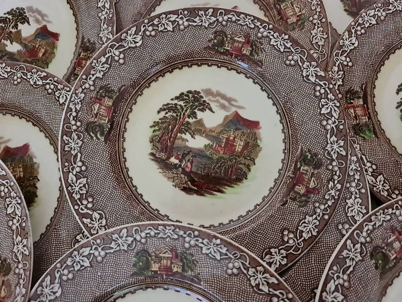 Royal Staffordshire 'Jenny Lind' Brown Transferware Set of 12 Plates