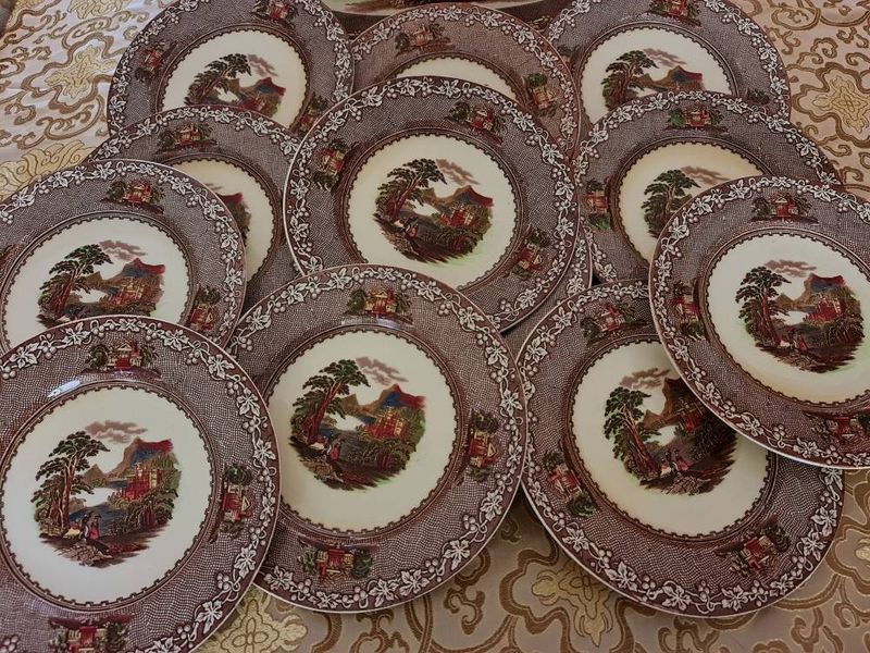 Royal Staffordshire 'Jenny Lind' Brown Transferware Set of 12 Plates