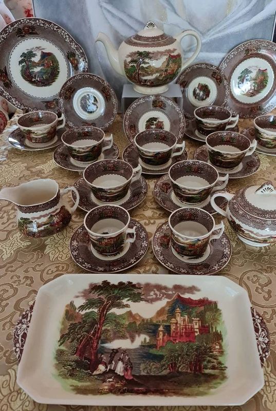 Antique English Royal Staffordshire 'Jenny Lind' Brown Transferware Tea Set