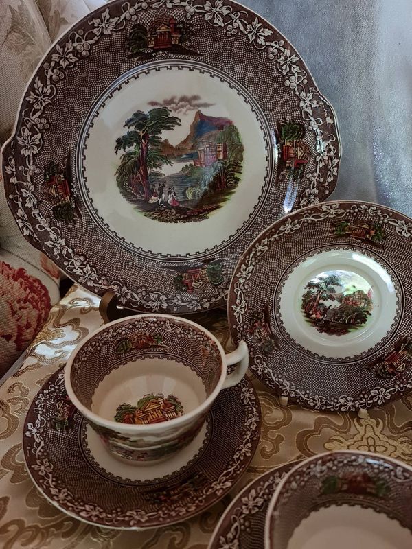Antique English Royal Staffordshire 'Jenny Lind' Brown Transferware Tea Set