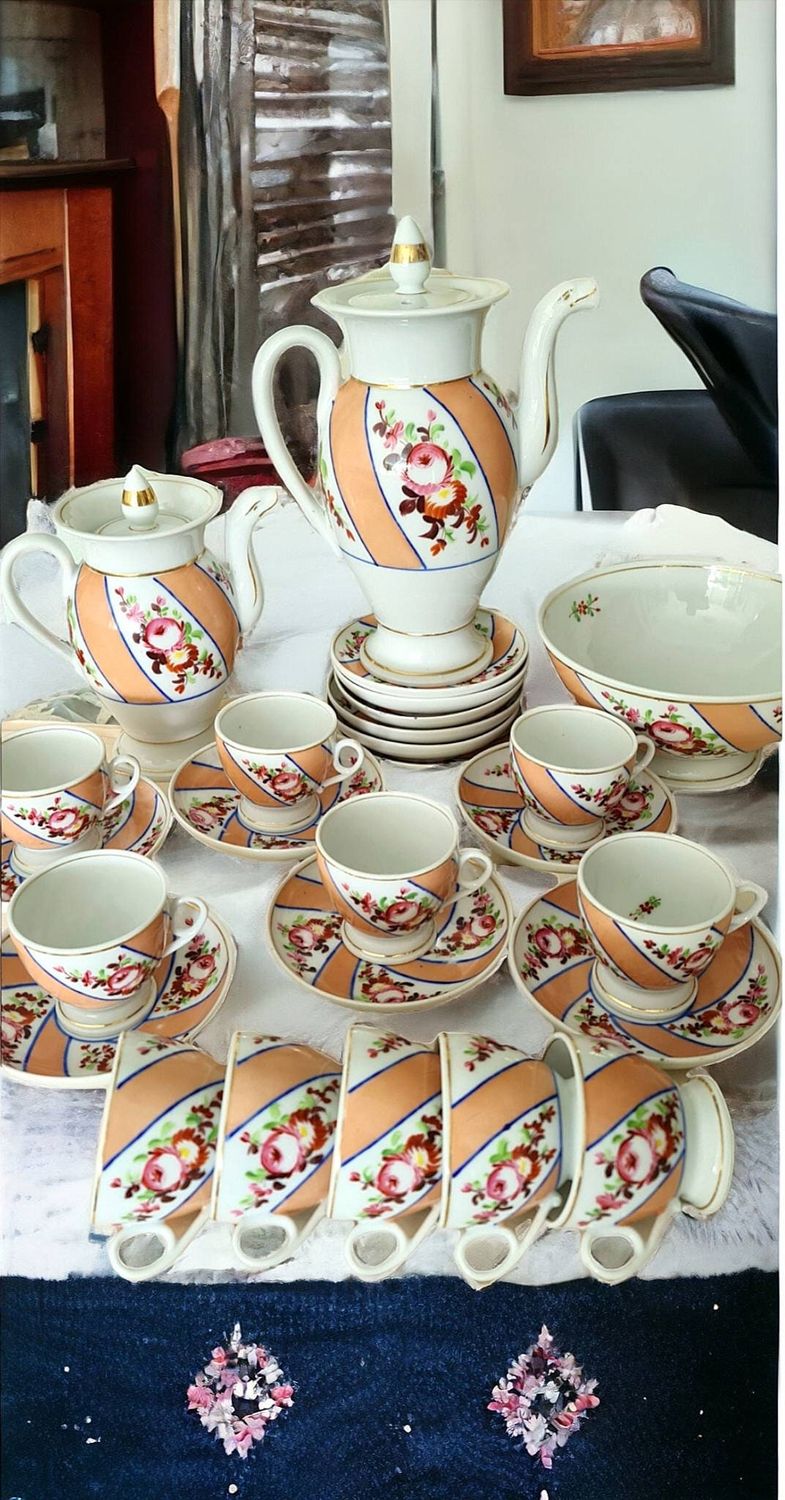 Antique 19th Century French Empire Old Paris Tea Set, Hand-Painted Flowers