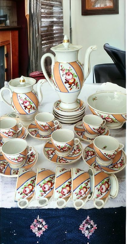 Antique 19th Century French Empire Old Paris Tea Set, Hand-Painted Flowers