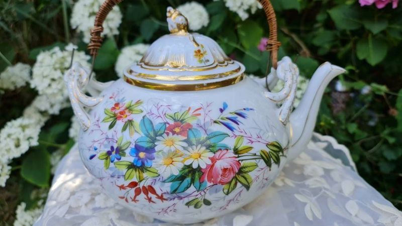 Antique 19th Century French Old Paris Hand-Painted Teapot, Botanical Flowers