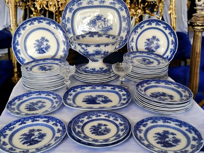 Antique Wedgwood 'Chusan' Flow Blue Dinner Set for 12, c.1860