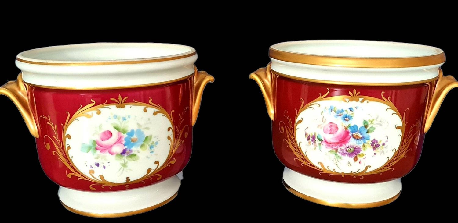 Antique Limoges Hand-Painted Set of 2 Cachepots, Jardinière Planters, Gold Trim