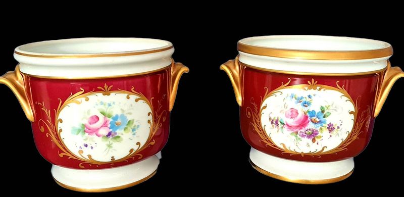 Antique Limoges Hand-Painted Set of 2 Cachepots, Jardinière Planters, Gold Trim