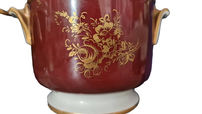 Antique Limoges Hand-Painted Set of 2 Cachepots, Jardinière Planters, Gold Trim