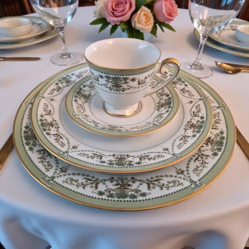 Tirschenreuth German Dinner &amp; Tea Set, Sage Green &amp; Gold Trim, 1950s