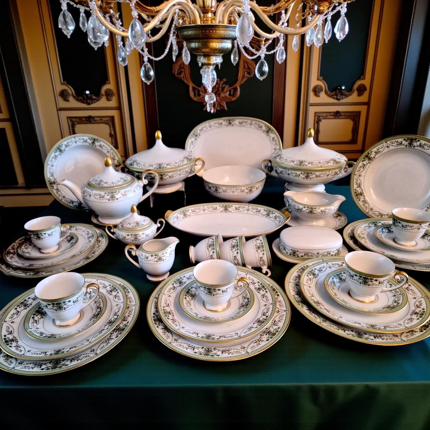 Tirschenreuth German Dinner &amp; Tea Set, Sage Green &amp; Gold Trim, 1950s