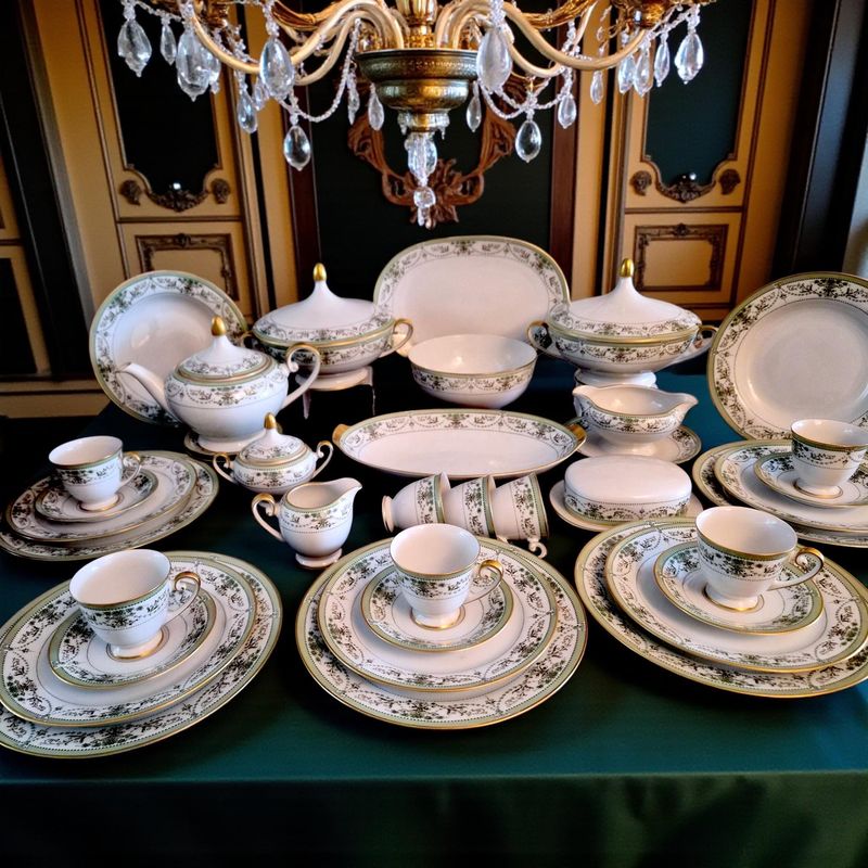 Tirschenreuth German Dinner &amp; Tea Set, Sage Green &amp; Gold Trim, 1950s