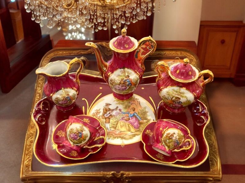 Limoges French Espresso Service for Two with Tray, Fragonard Decor