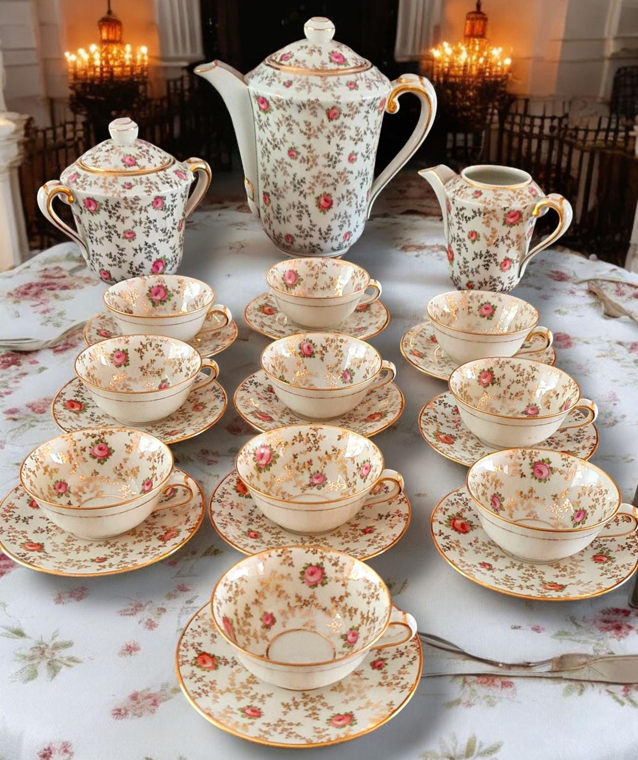 French Limoges Tea Set with Gold Trim and Hand-Painted Tiny Roses