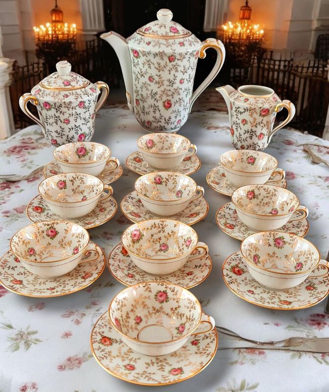 French Limoges Tea Set with Gold Trim and Hand-Painted Tiny Roses