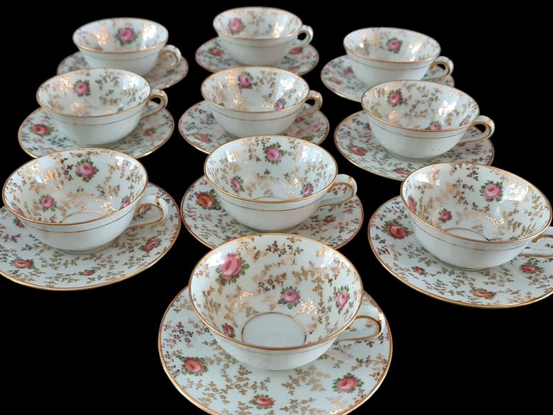 French Limoges Tea Set with Gold Trim and Hand-Painted Tiny Roses
