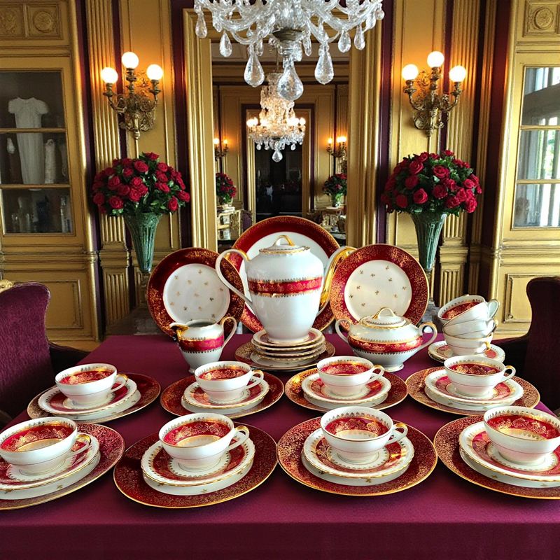 French Tea and Cake Set, Burgundy &amp; Gold Trim, 31 Pieces