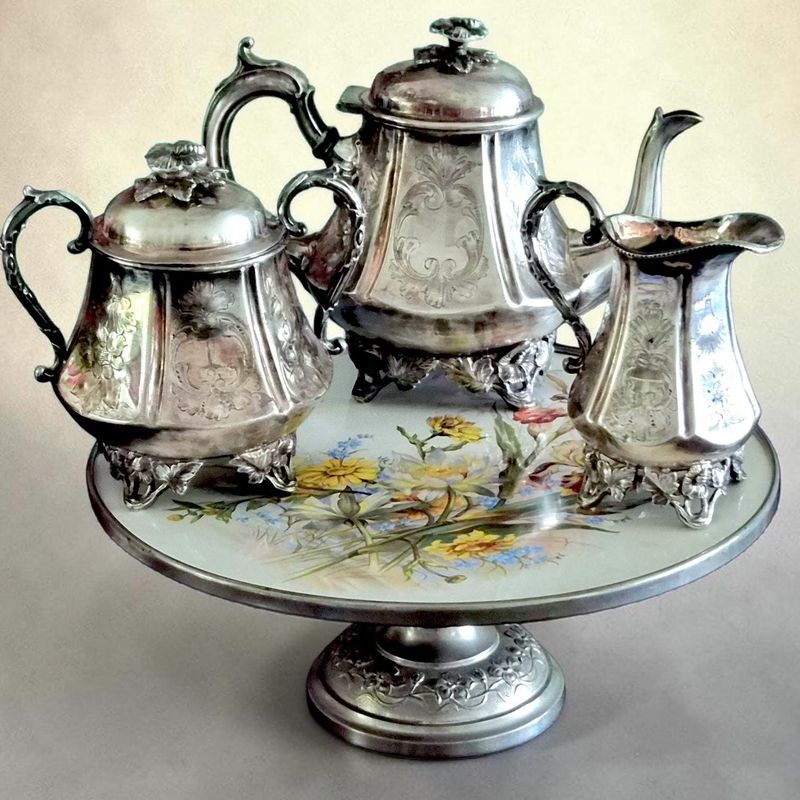 Victorian Silver Plated Tea Set with Porcelain Stand, Rococo Revival