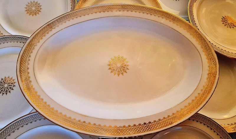 Antique French Limoges Dinner Set, 24ct Gold Medallion, 13 Pieces