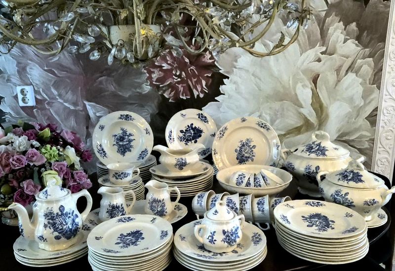 Boch Rhodia Blue Floral Dinner and Tea Set, Vintage Earthenware