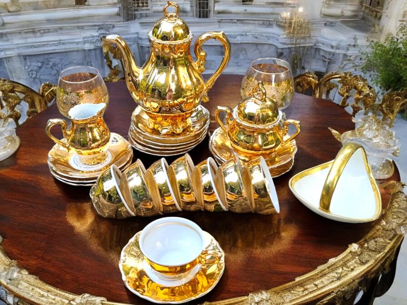 German Gold Plated Espresso Set, 8 Cups &amp; Saucers, Coffee Pot
