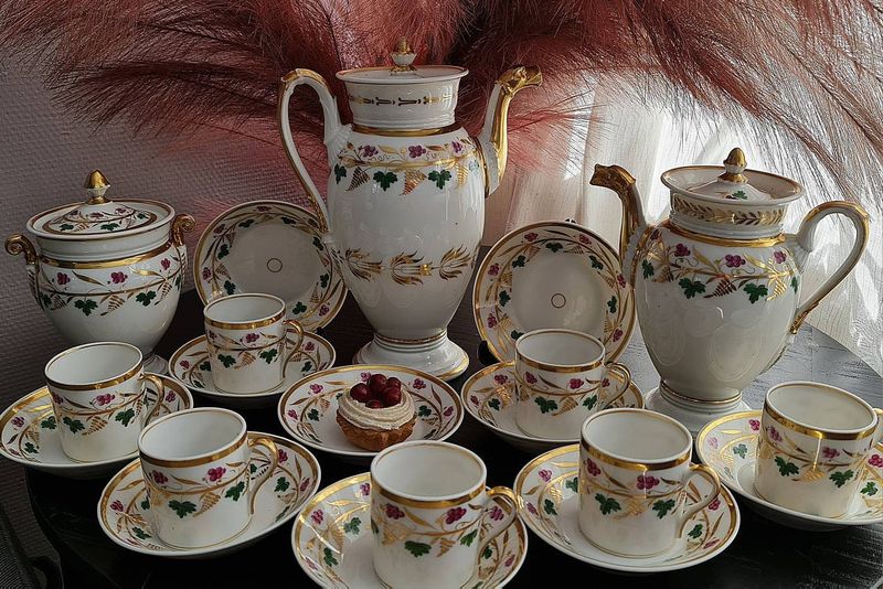 Antique Empire Old Paris Porcelain Tea Set, Swan Spout, Grape Vine