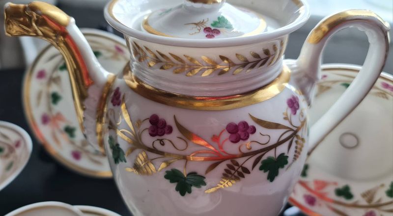 Antique Empire Old Paris Porcelain Tea Set, Swan Spout, Grape Vine