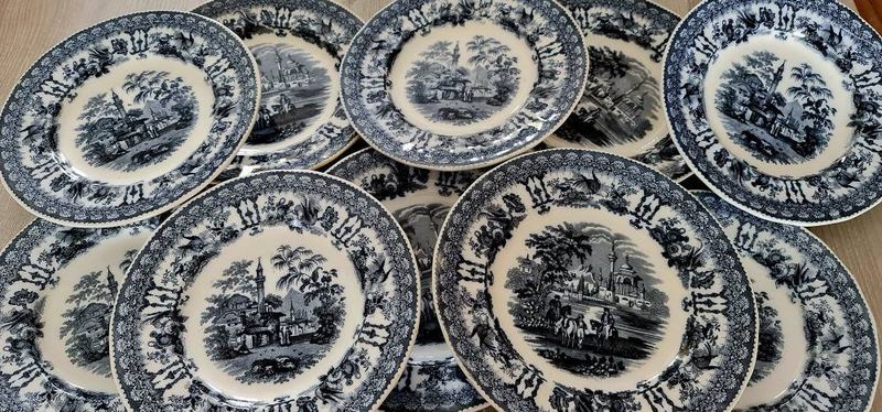 Antique J.B. Cappellemans Jemappes Blue Transferware Plates, "Palestina", Set of 10