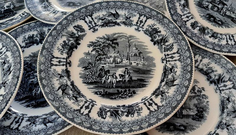 Antique J.B. Cappellemans Jemappes Blue Transferware Plates, "Palestina", Set of 10