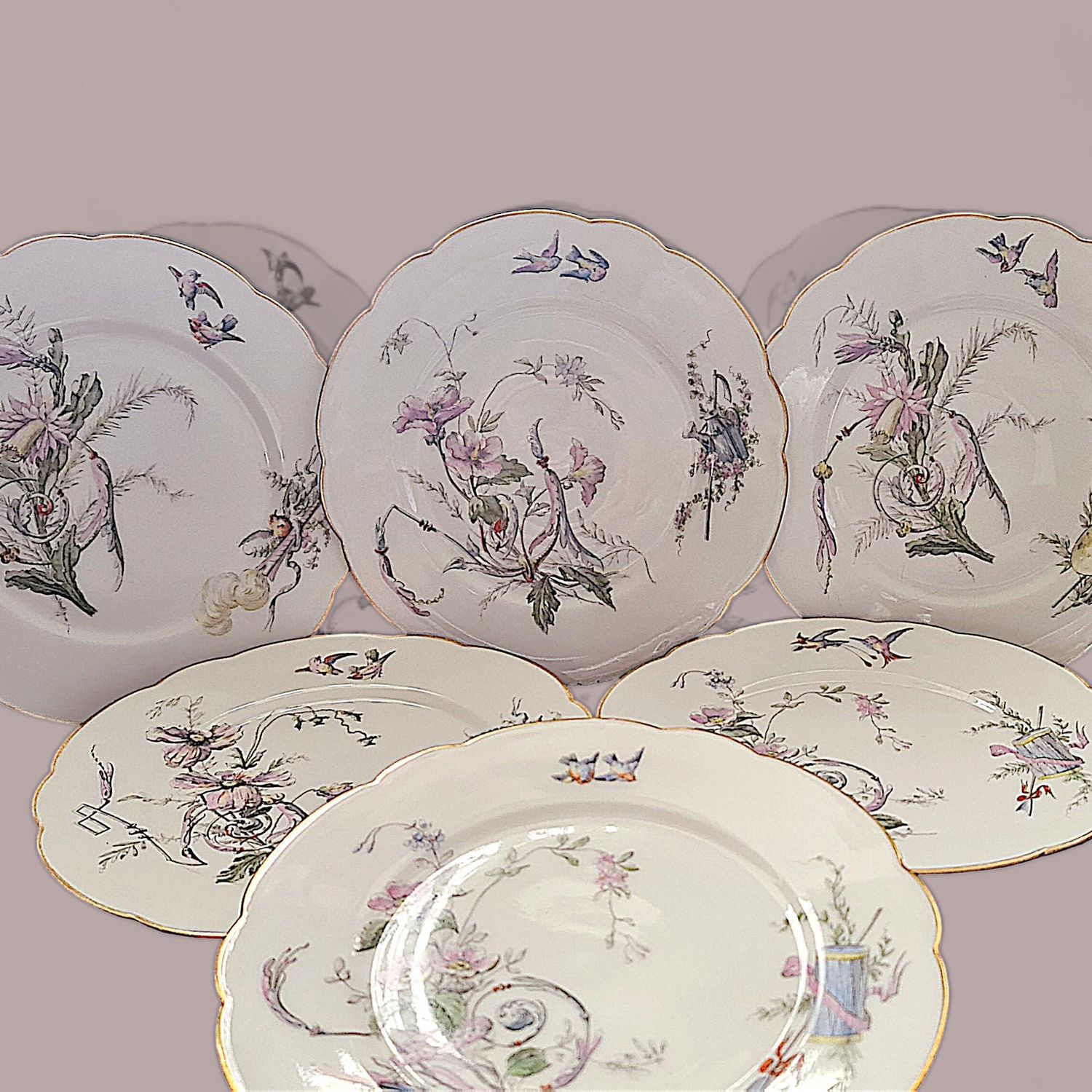Antique 19th Century French Hand-Painted Salad Plates, Birds &amp; Florals, Set of 6