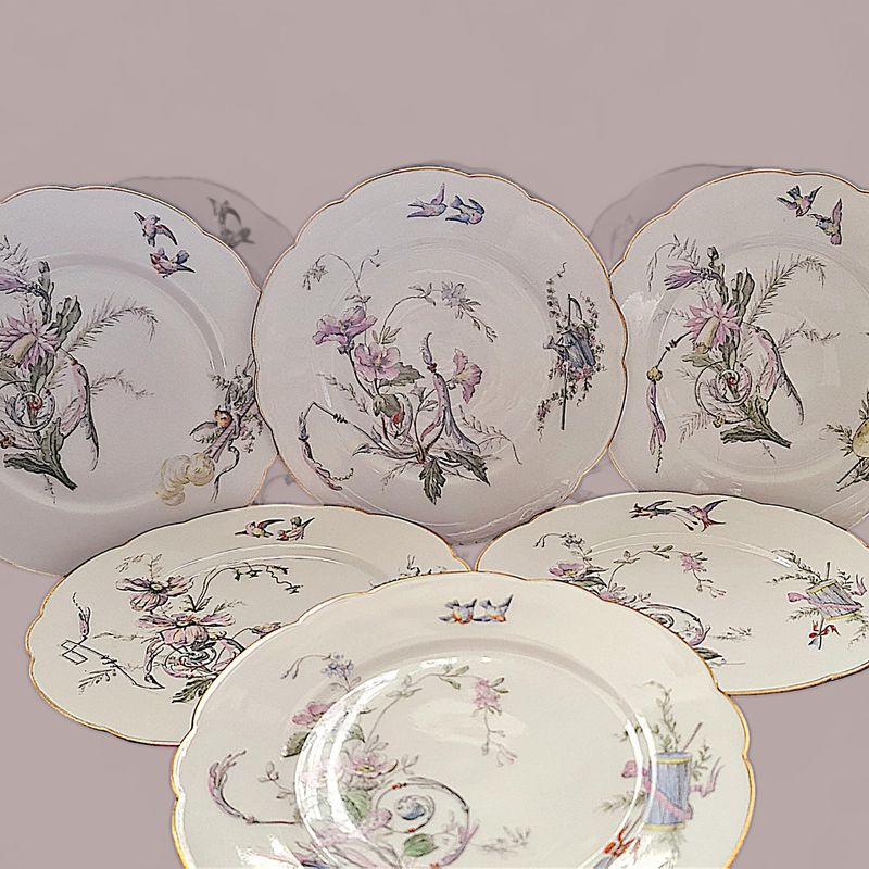 Antique 19th Century French Hand-Painted Salad Plates, Birds &amp; Florals, Set of 6